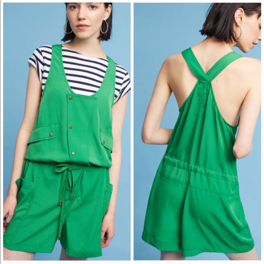 Anthro Elevenses Dree Green Romper Jumpsuit Bibs